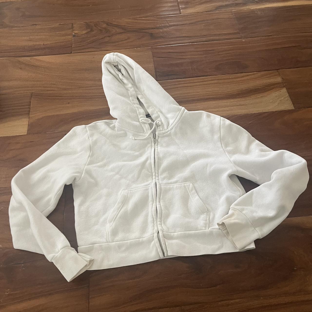 Brandy Melville white zip up cropped sweatshirt... - Depop