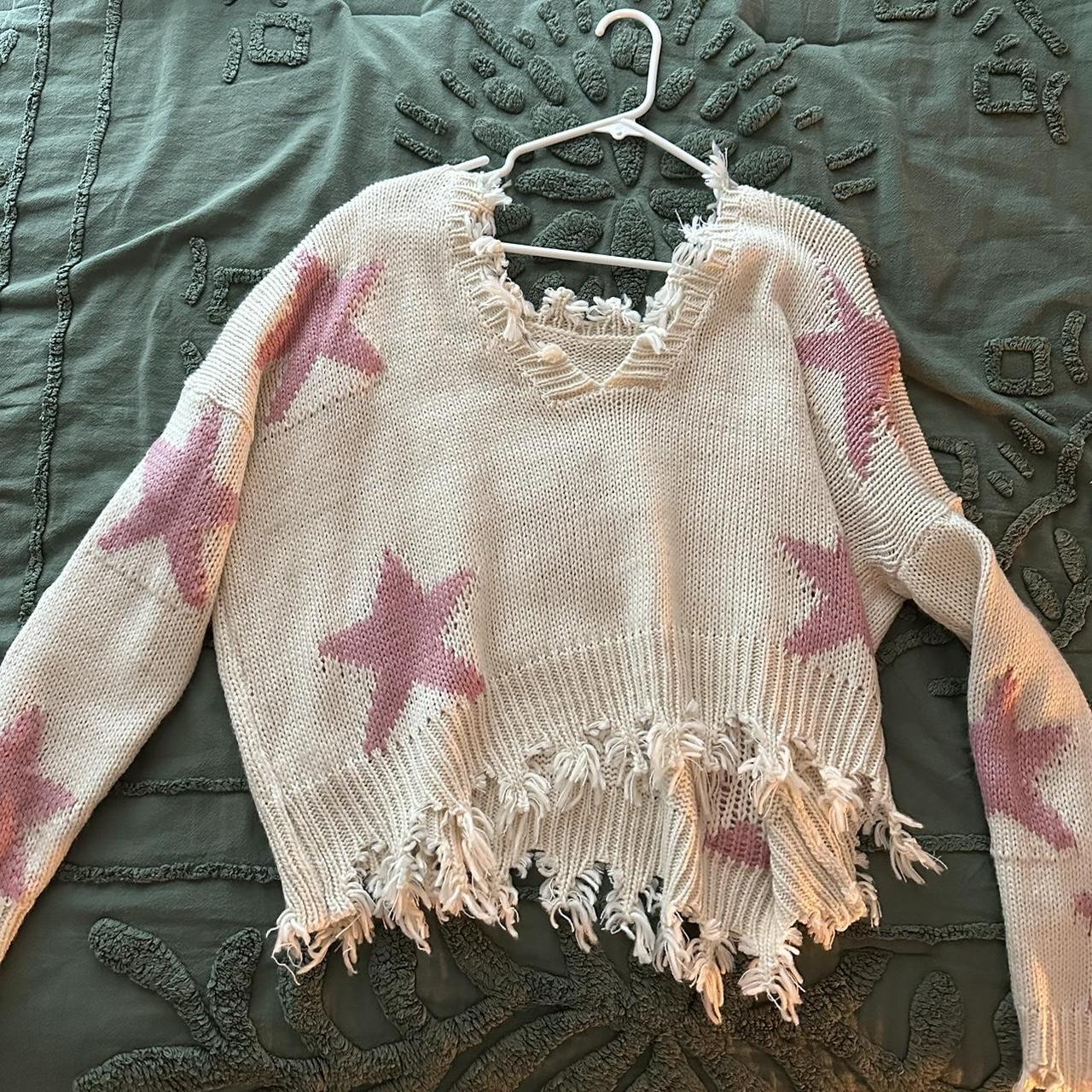 Pink and white star sweater with frayed edges y2k