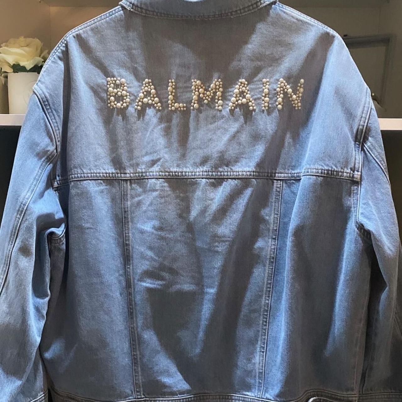 BALMAIN Faux pearl-embellished denim... - Depop