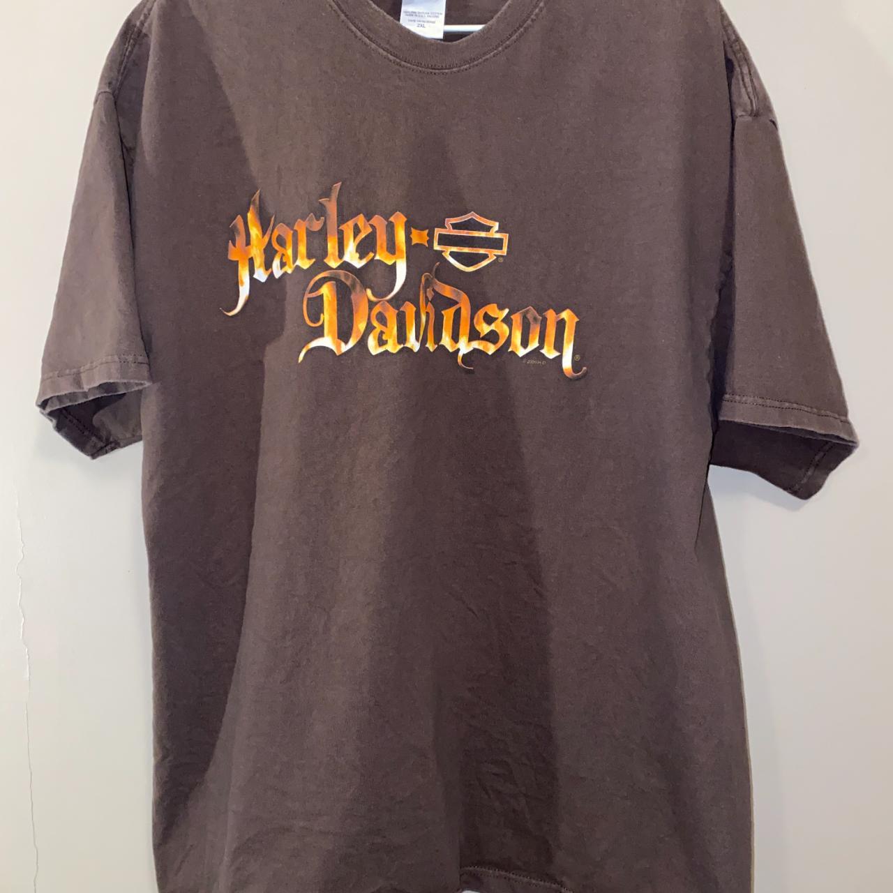 brown harley davidson shirt with flames. down back... - Depop