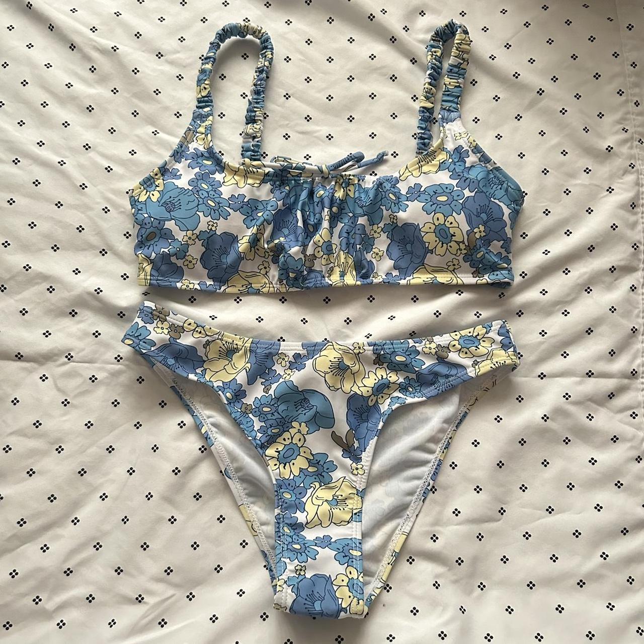 shein blue floral swimsuits set size small... - Depop