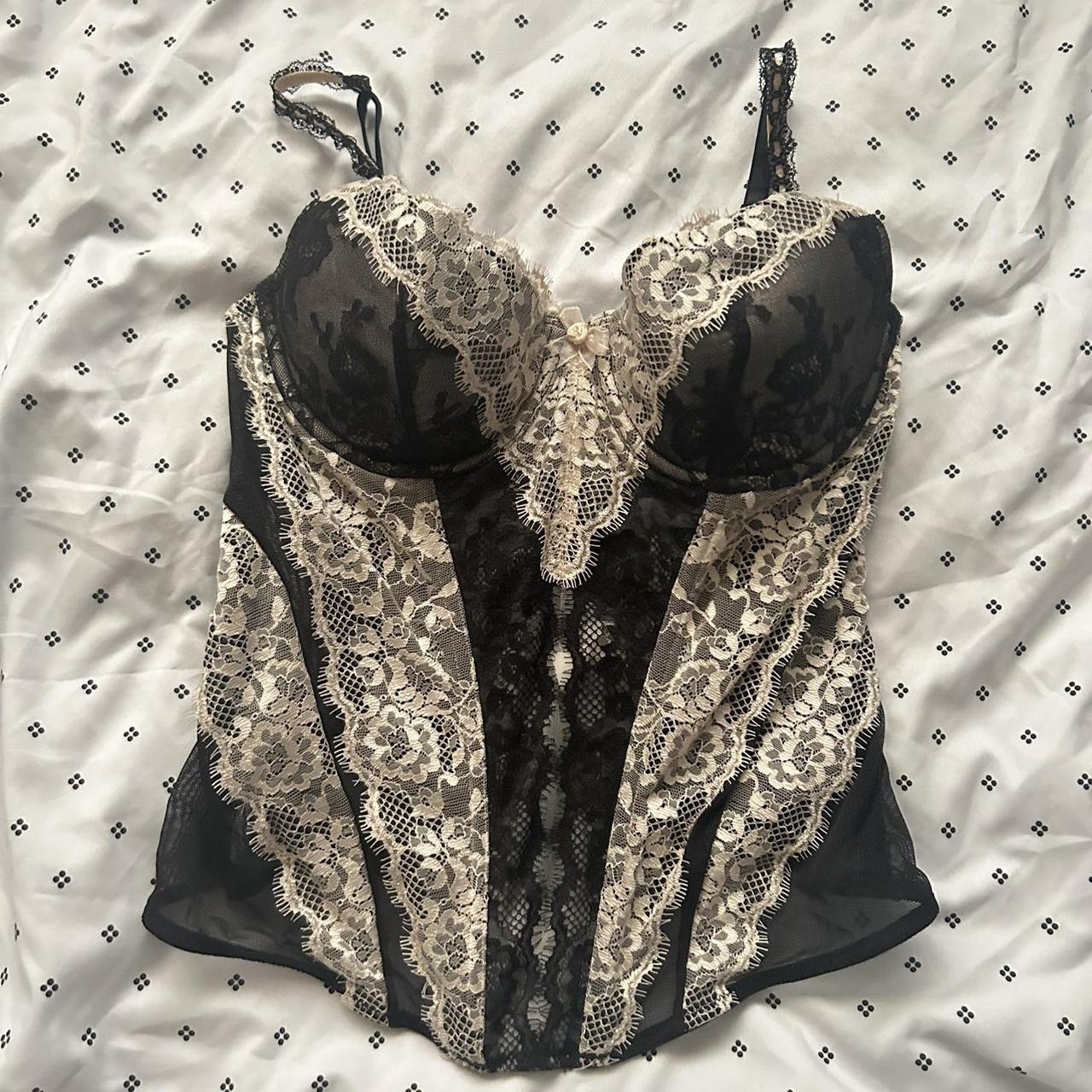 vintage jezebel black cream lace corset bustier... - Depop