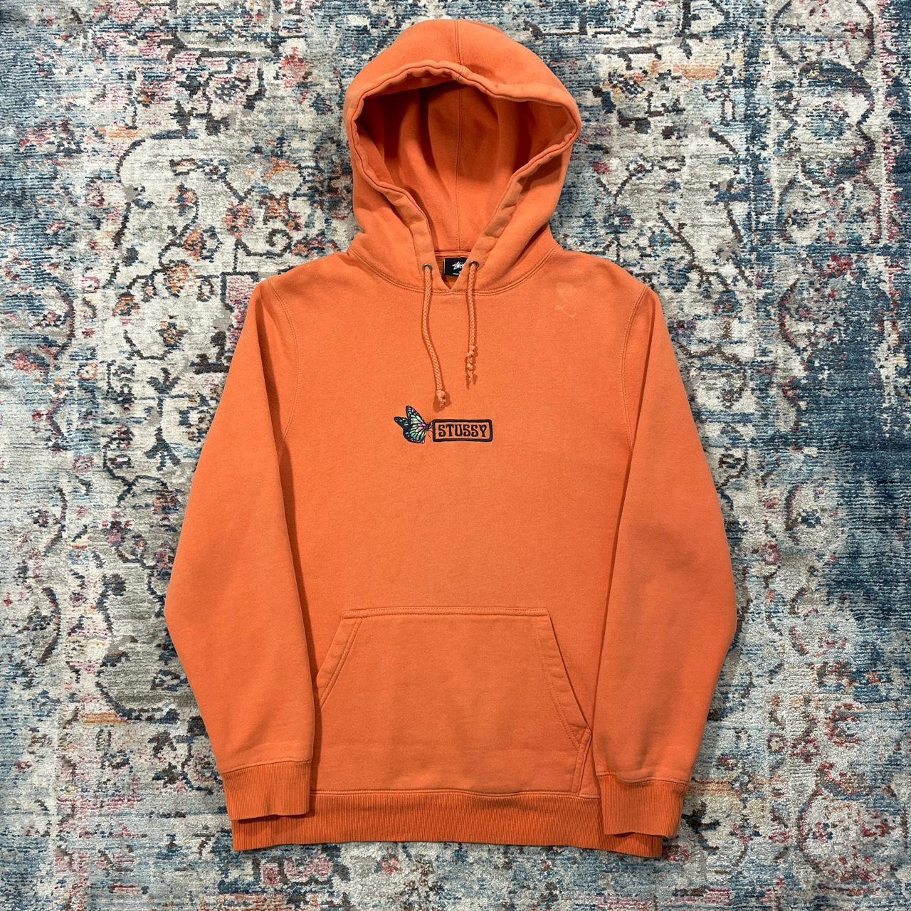 Stussy orange butterfly spellout hoodie -... - Depop