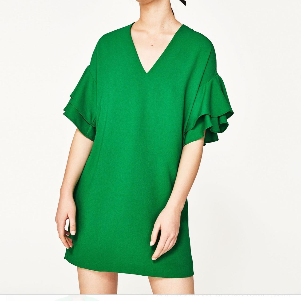 Zara green shift dress with ruffle sleeves and v... Depop