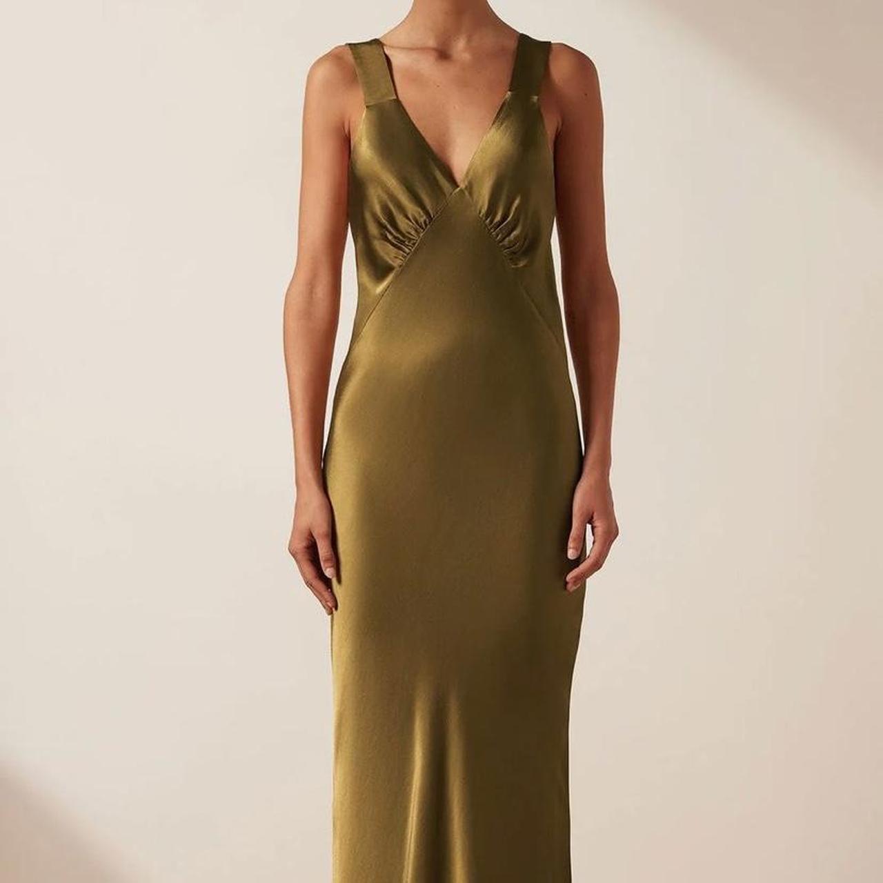 Shona Joy Giorgia Plunged Midi dress in olive oil,... - Depop