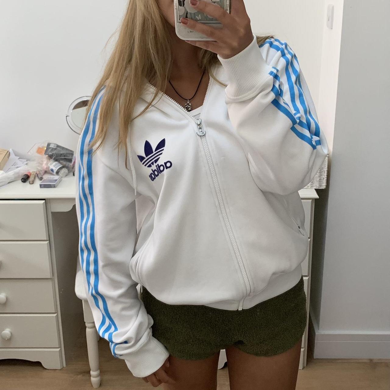 White Adidas Blue Stripe Zip Up Hoodie • perfect... - Depop