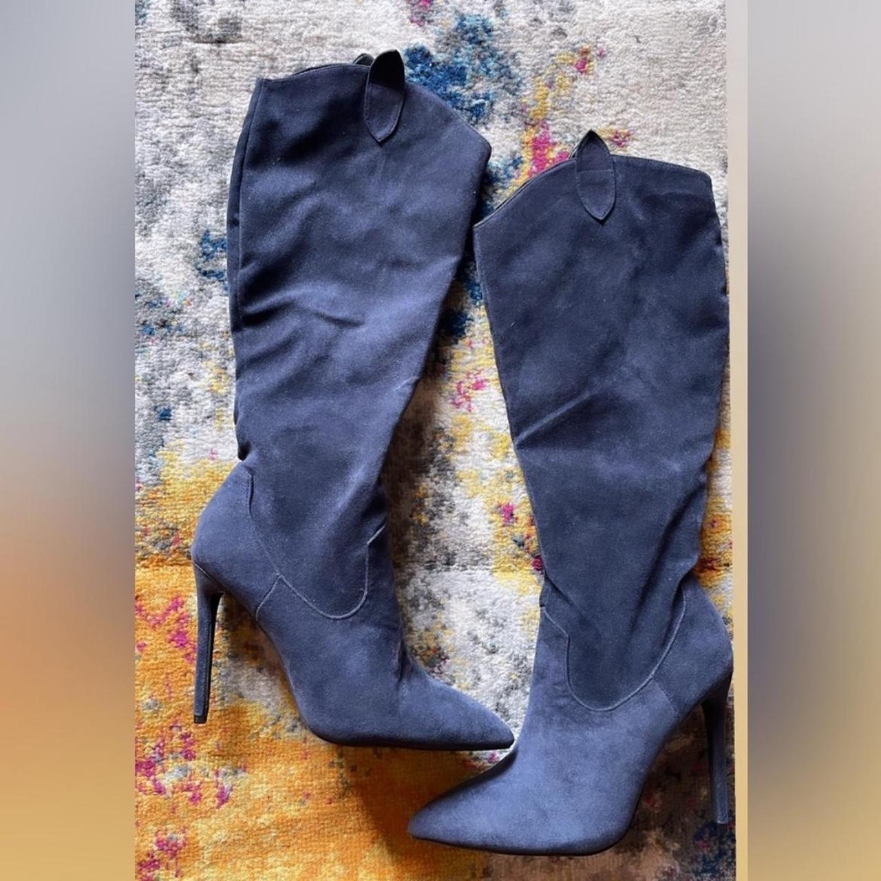 Ladies fashion navy suede knee high boots