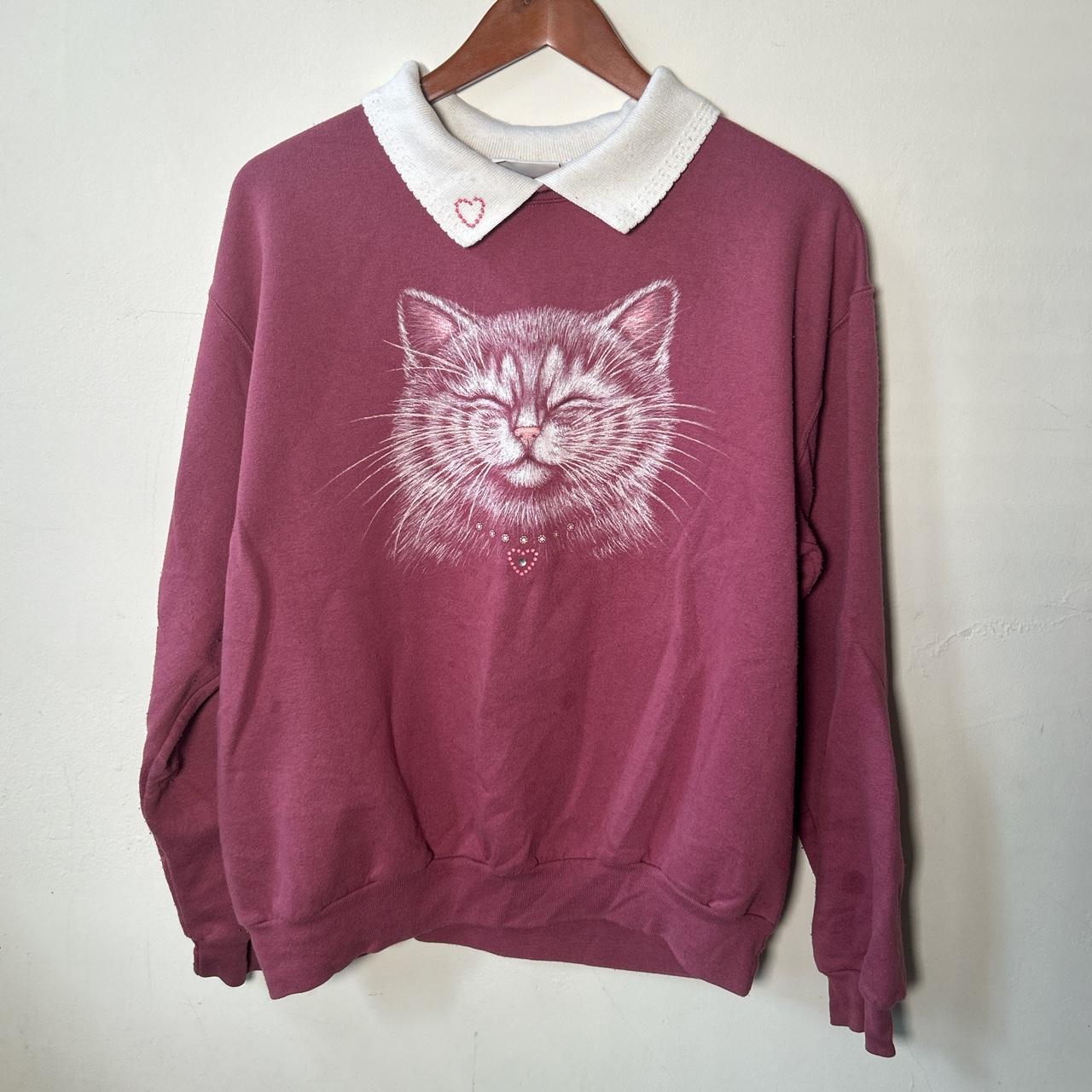 VINTAGE ROSE COLORED COLLARED CAT CREWNECK 🐱💖 SIZE... - Depop