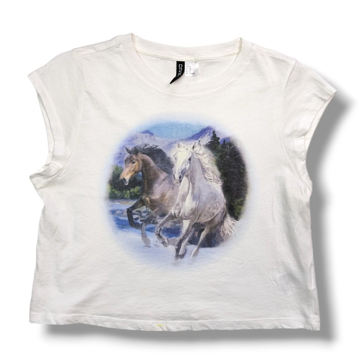 H M white cropped t shirt with horse graphic on the