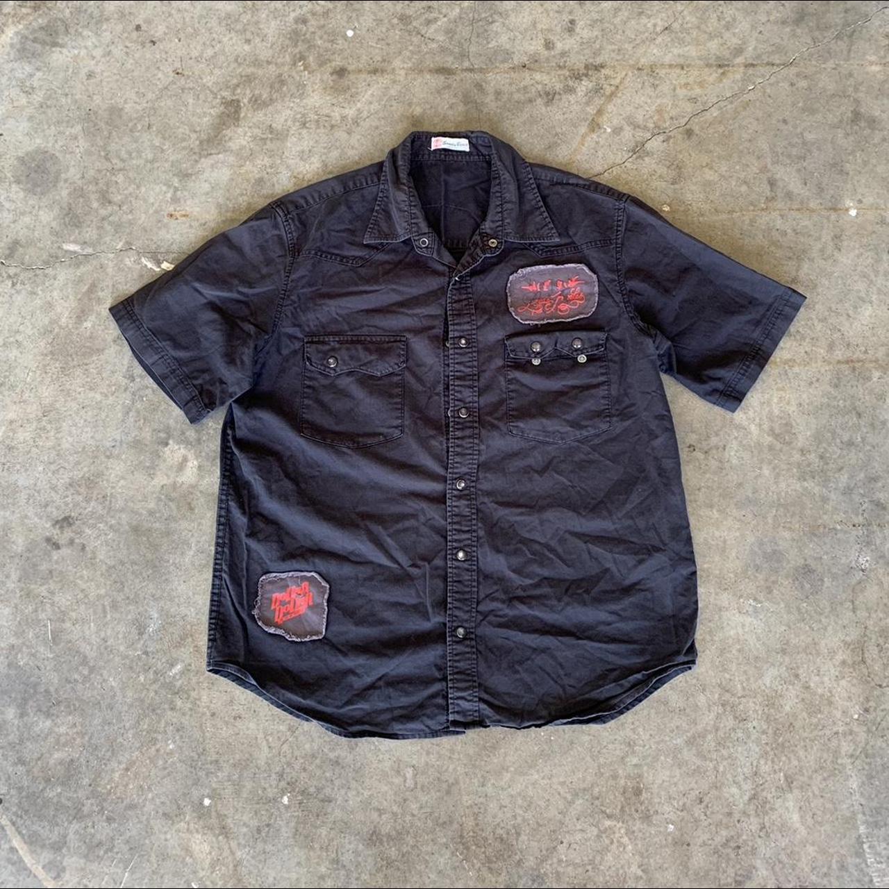 vintage faded & distressed all black patch button up... - Depop