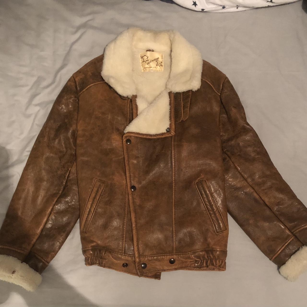 Vintage real leather and sheep skin bomber jacket... - Depop