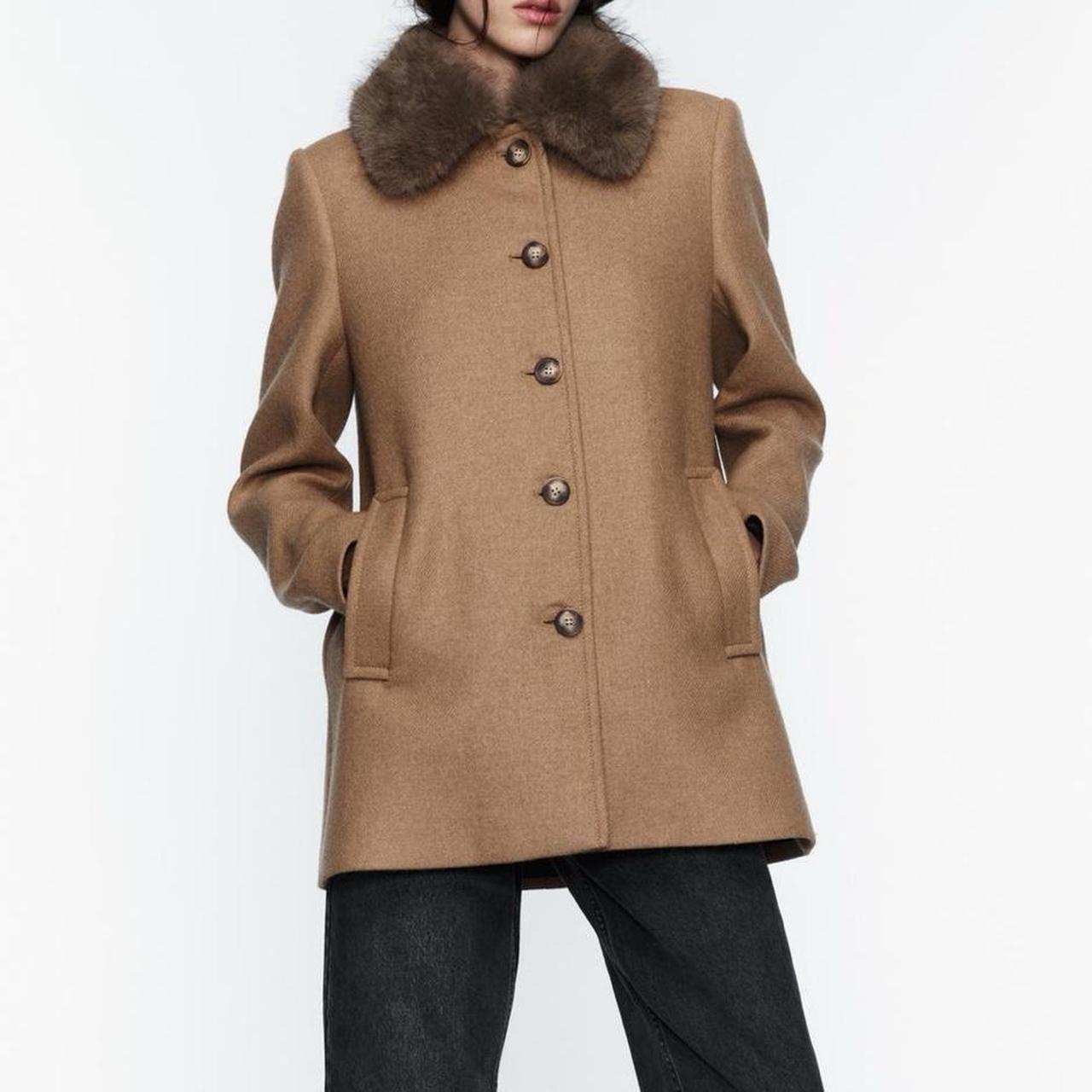 Zara Womens Tan Coat With Fur Collar Zara Faux Fur Collar Waxed