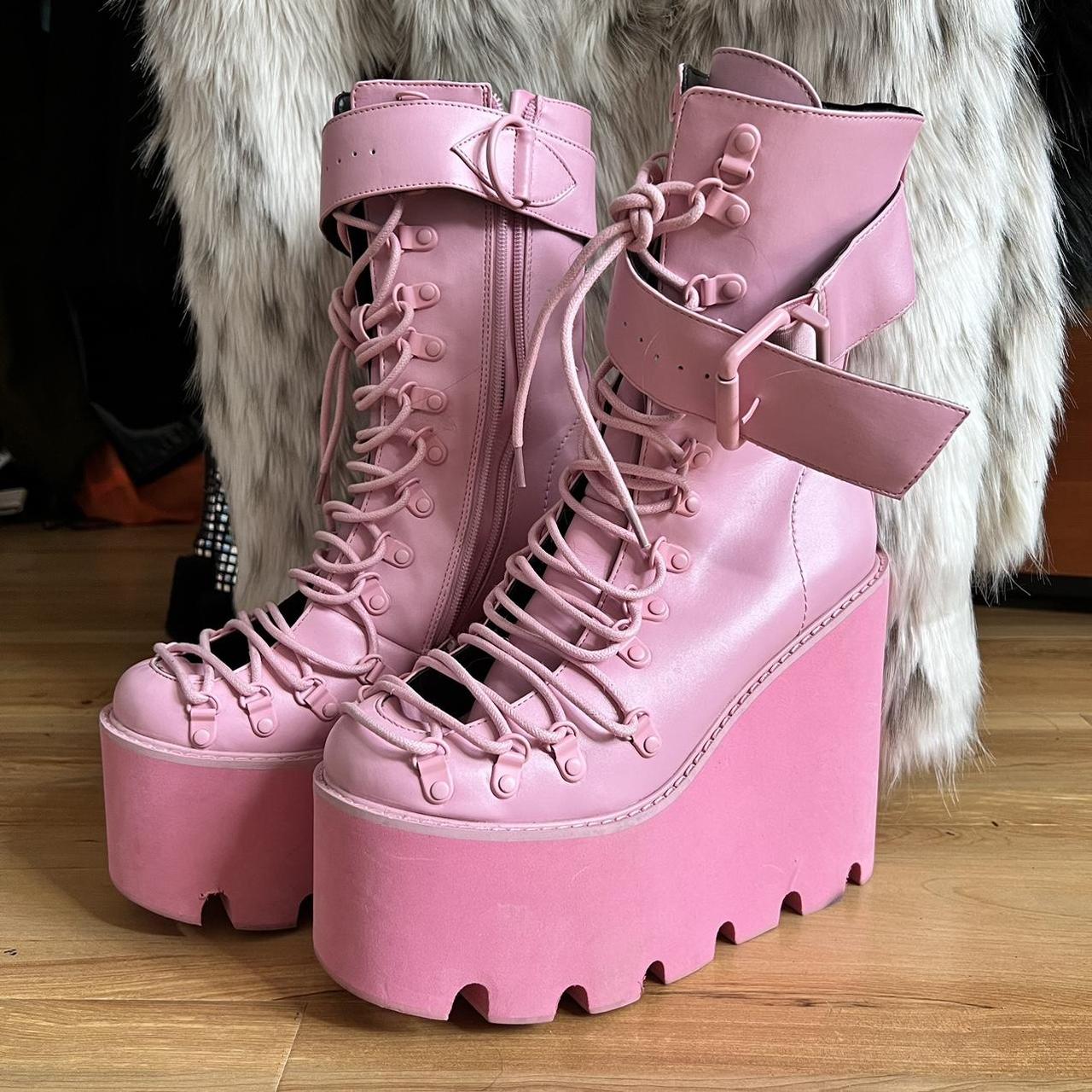 Dolls Kill Women's Pink and White Boots | Depop