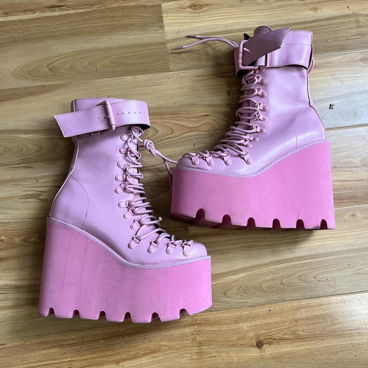 Dolls Kill Women's Pink and White Boots | Depop