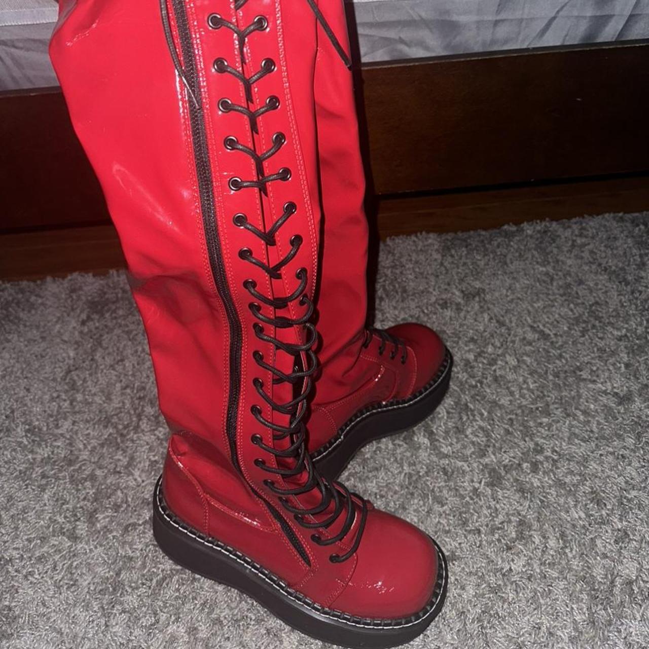 Demonia Boots Red Plaid Knee High Boots Demonia Gothic Boots Over