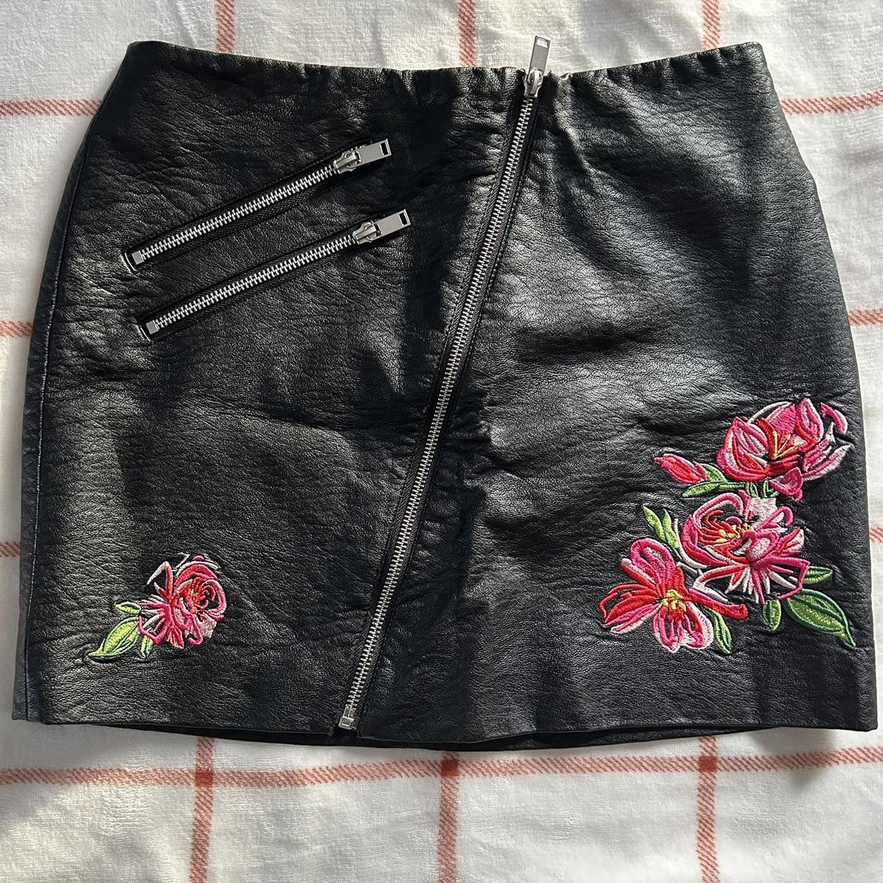 H & M flower embroidered black leather mini... Depop