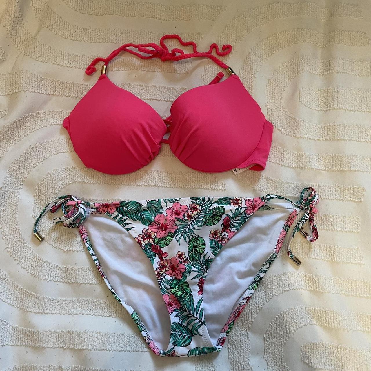 Topshop Hot Pink Bikini Hot pink and tropical leaf... - Depop