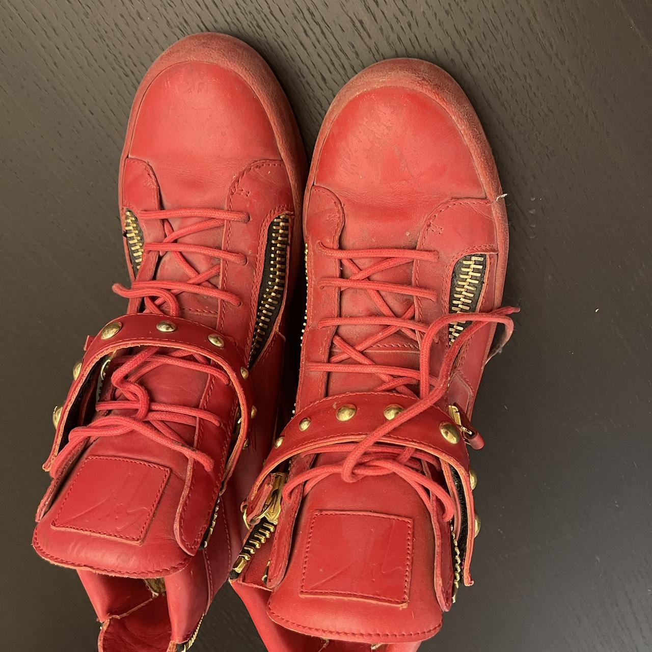 giuseppe zanotti red high tops with gold detailing.... - Depop