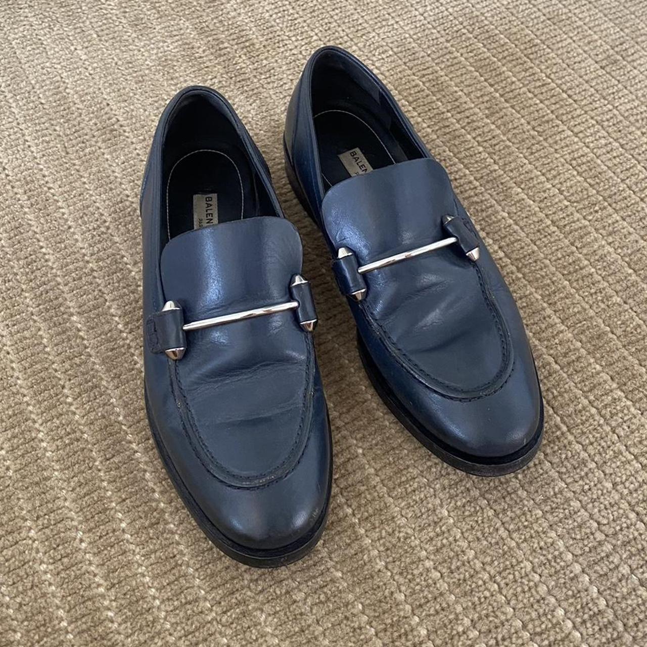 Balenciaga navy blue loafers with silver detail.... - Depop