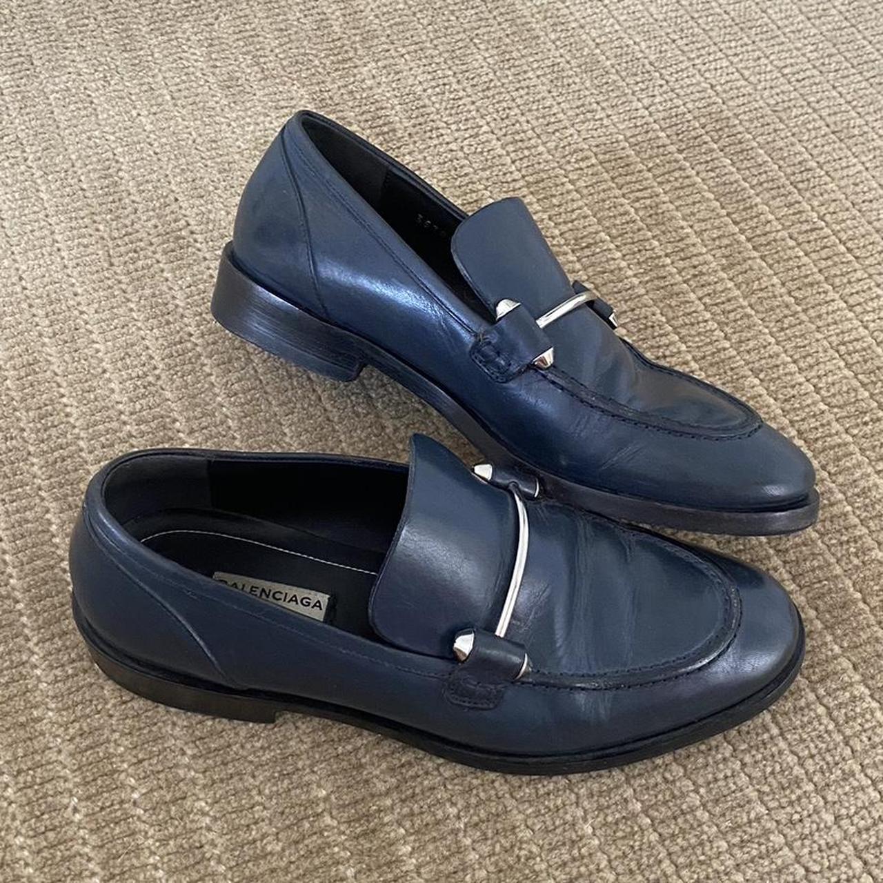 Balenciaga navy blue loafers with silver detail.... - Depop