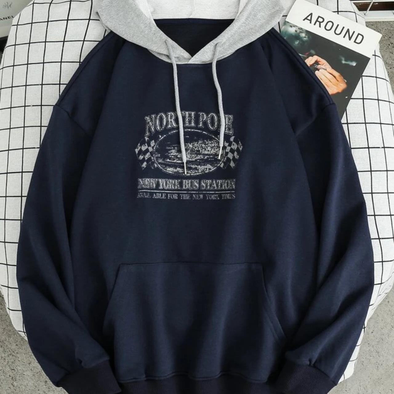 shein navy blue and grey hoodie size men’s small in... - Depop