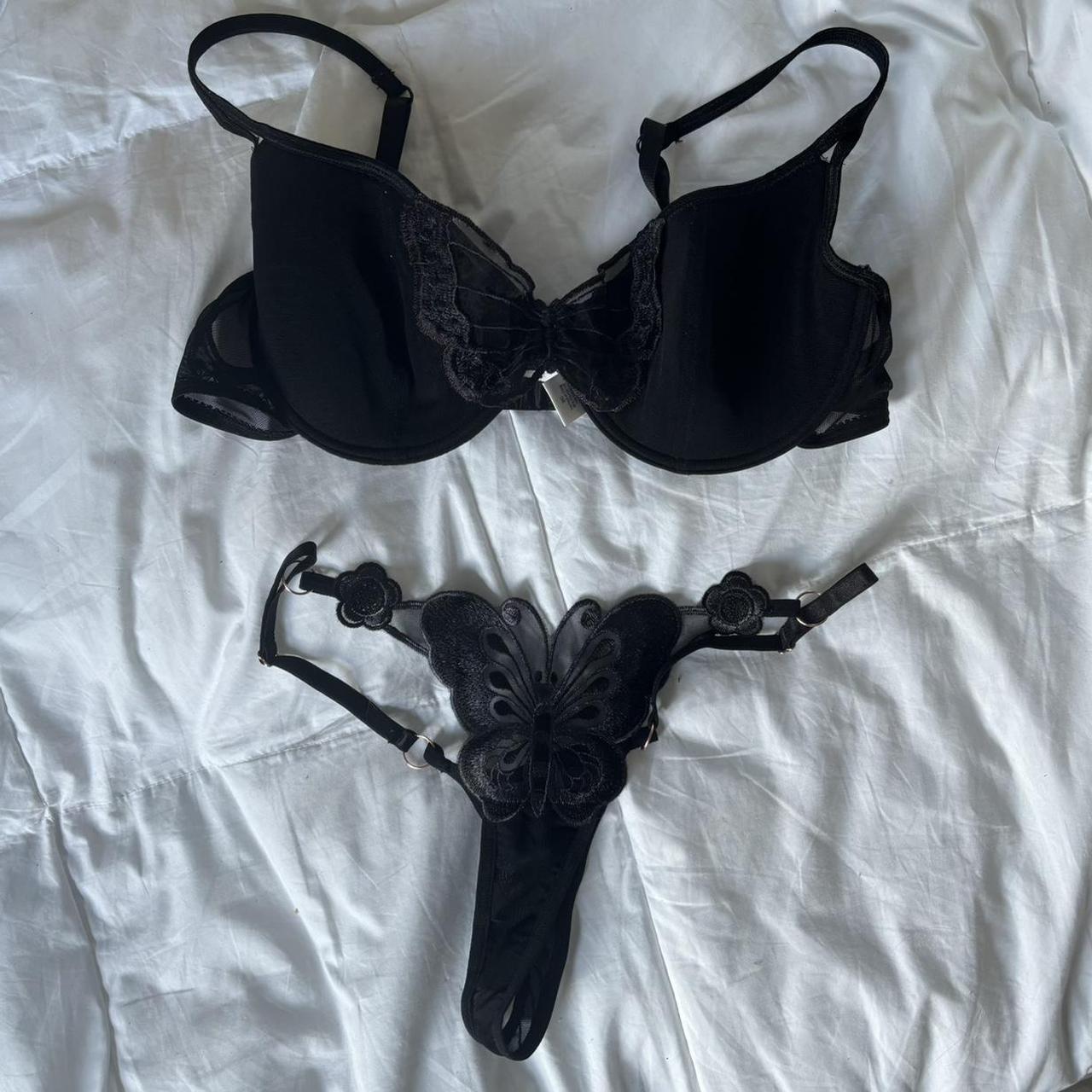 Bra and thong panty set. Bra size 36C, panty is - Depop