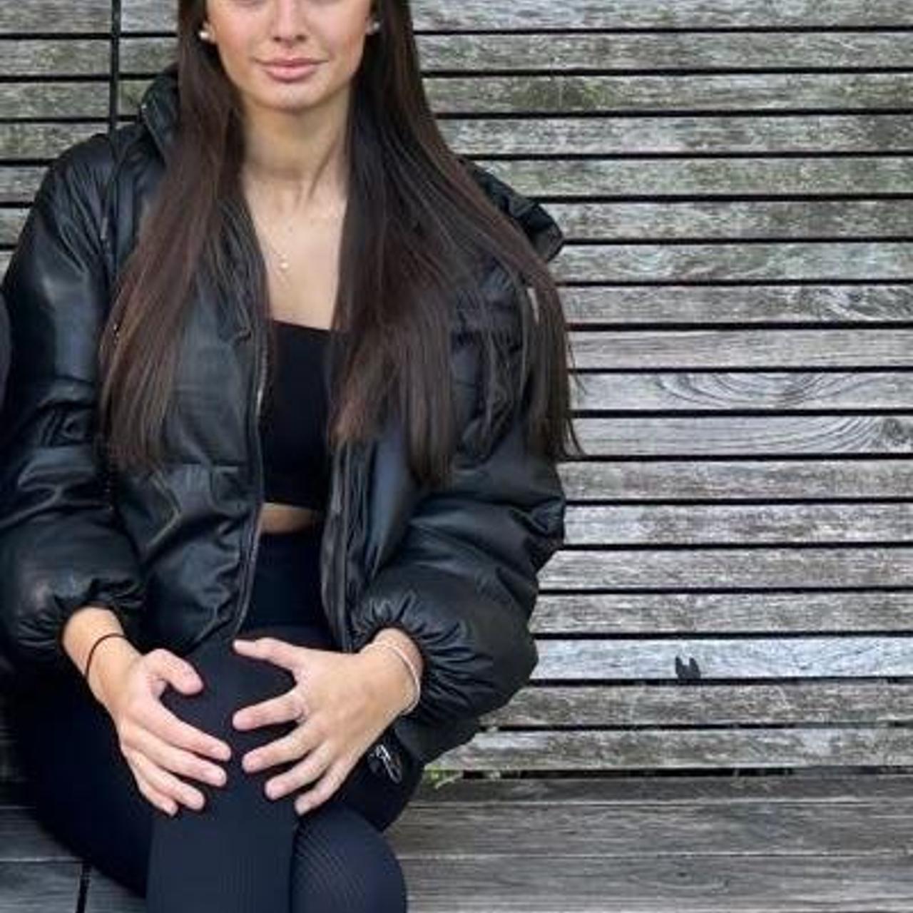 Bershka faux leather puffer jacket with hood Depop