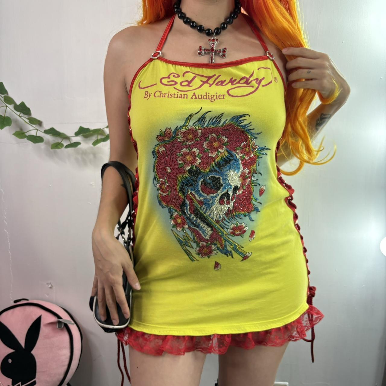 ED HARDY Yellow Scrunch Y2K online Tank Dress Rose Traditional Tattoo Medium Gem