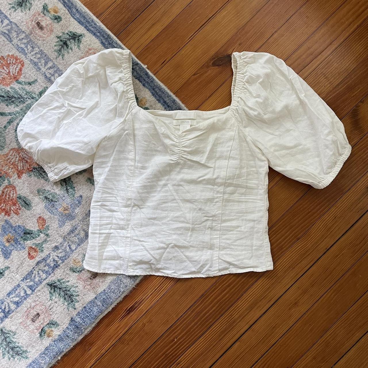 h&m linen blend puff sleeve blouse never worn... - Depop