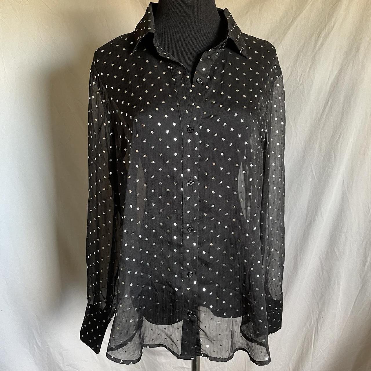 Sheer black button down shirt with silver metallic... Depop