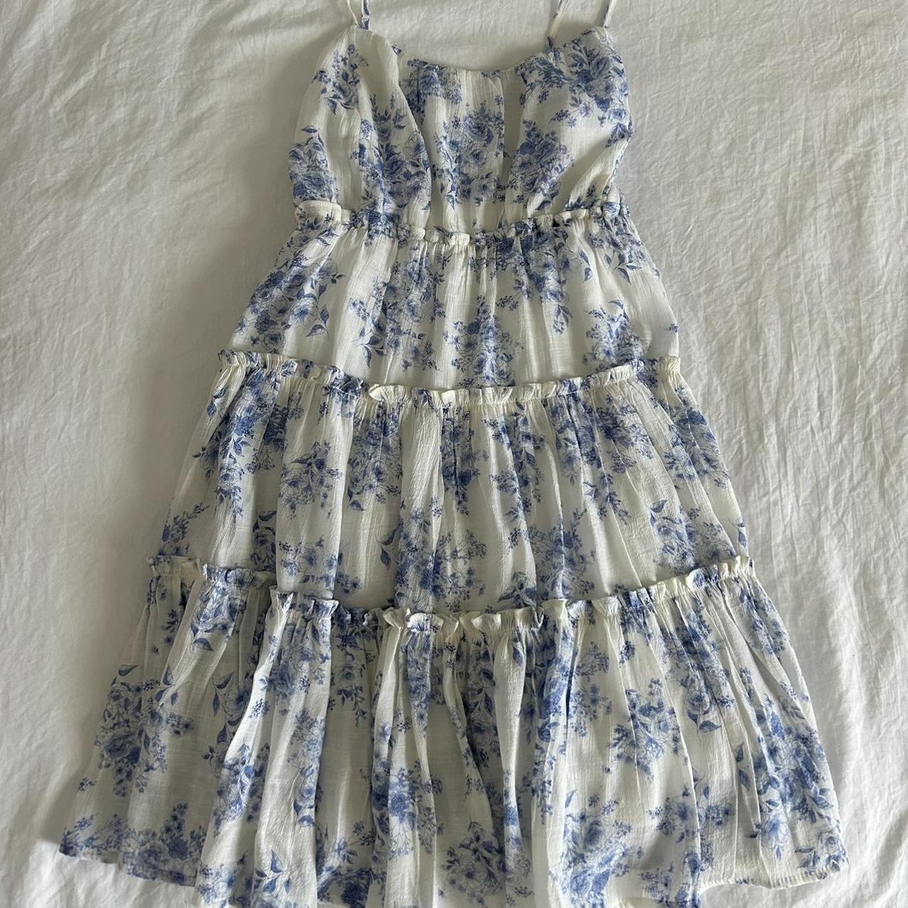 blue and white floral dress never worn flowy summer... - Depop