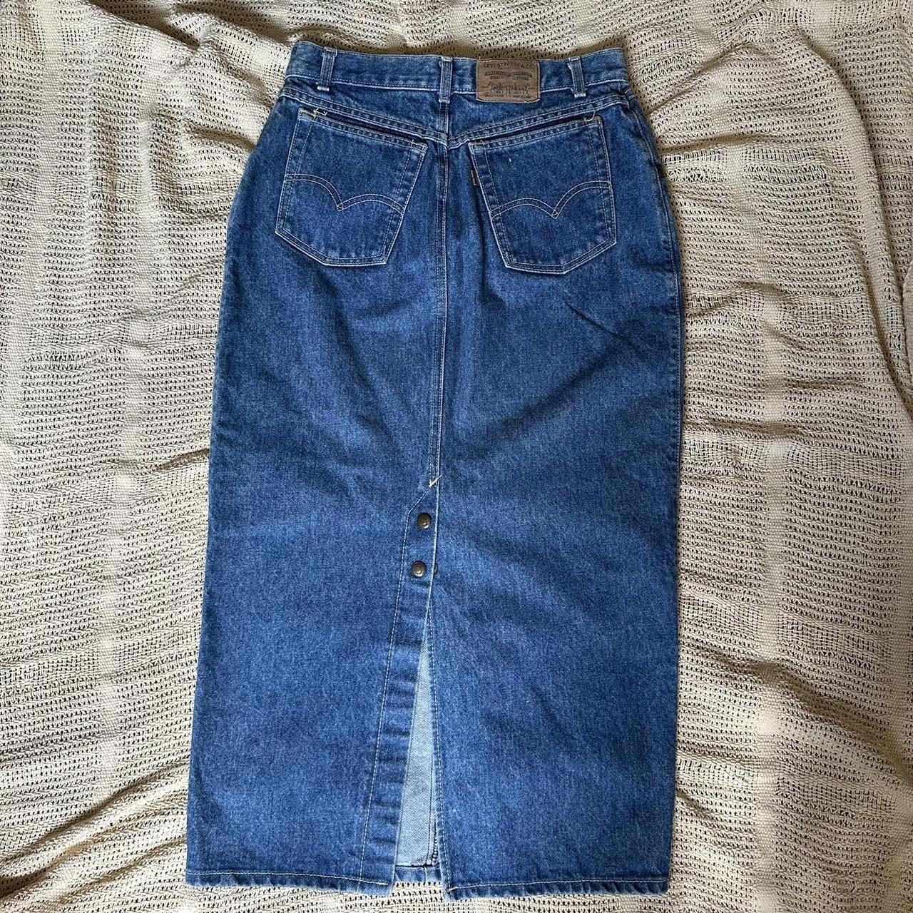 VINTAGE tan tab Levi’s long denim skirt MADE IN THE... - Depop