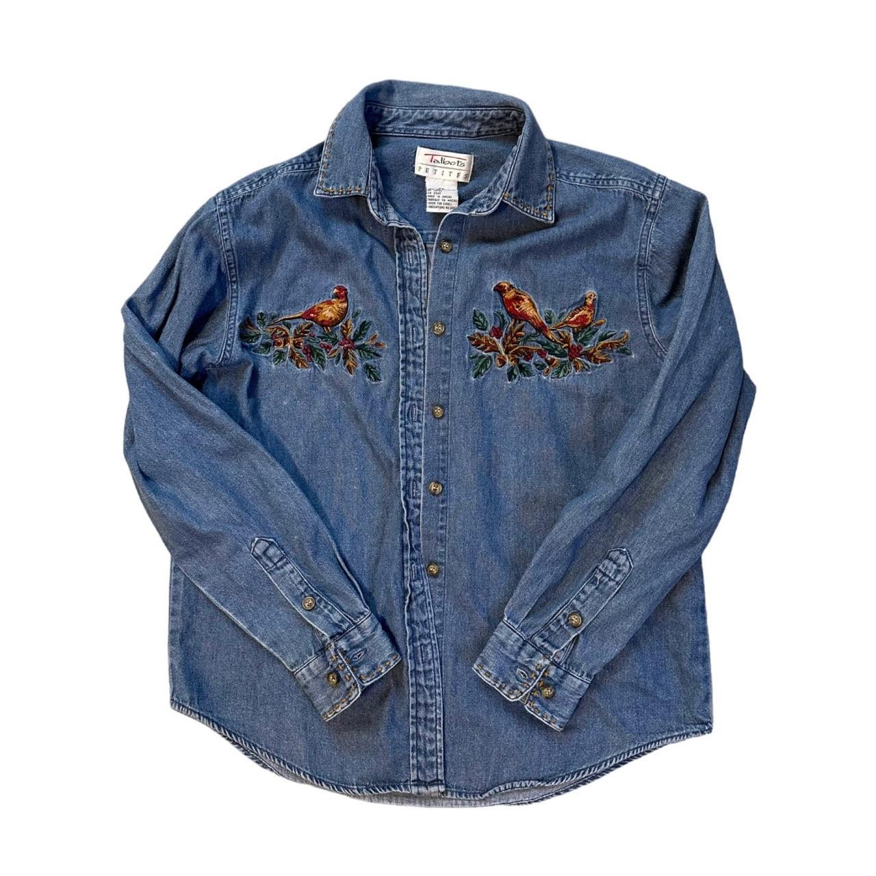 90s vintage embroidered denim shirt with pretty bird... - Depop