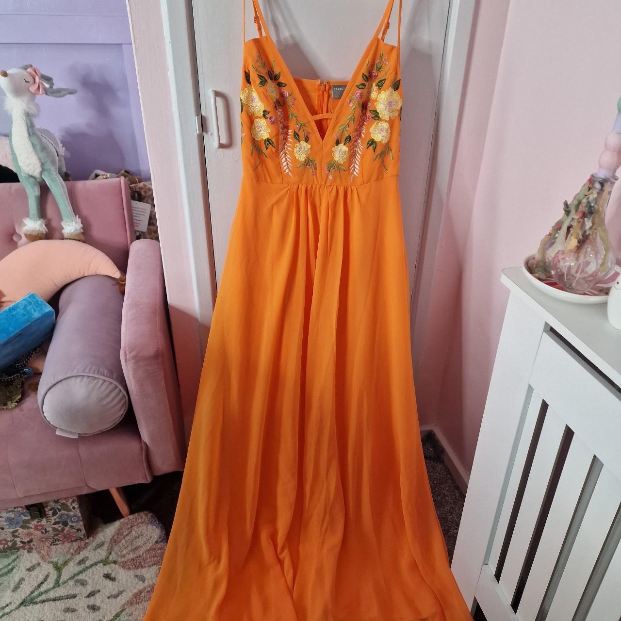 Orange floaty maxi dress with embroidered detail on... - Depop