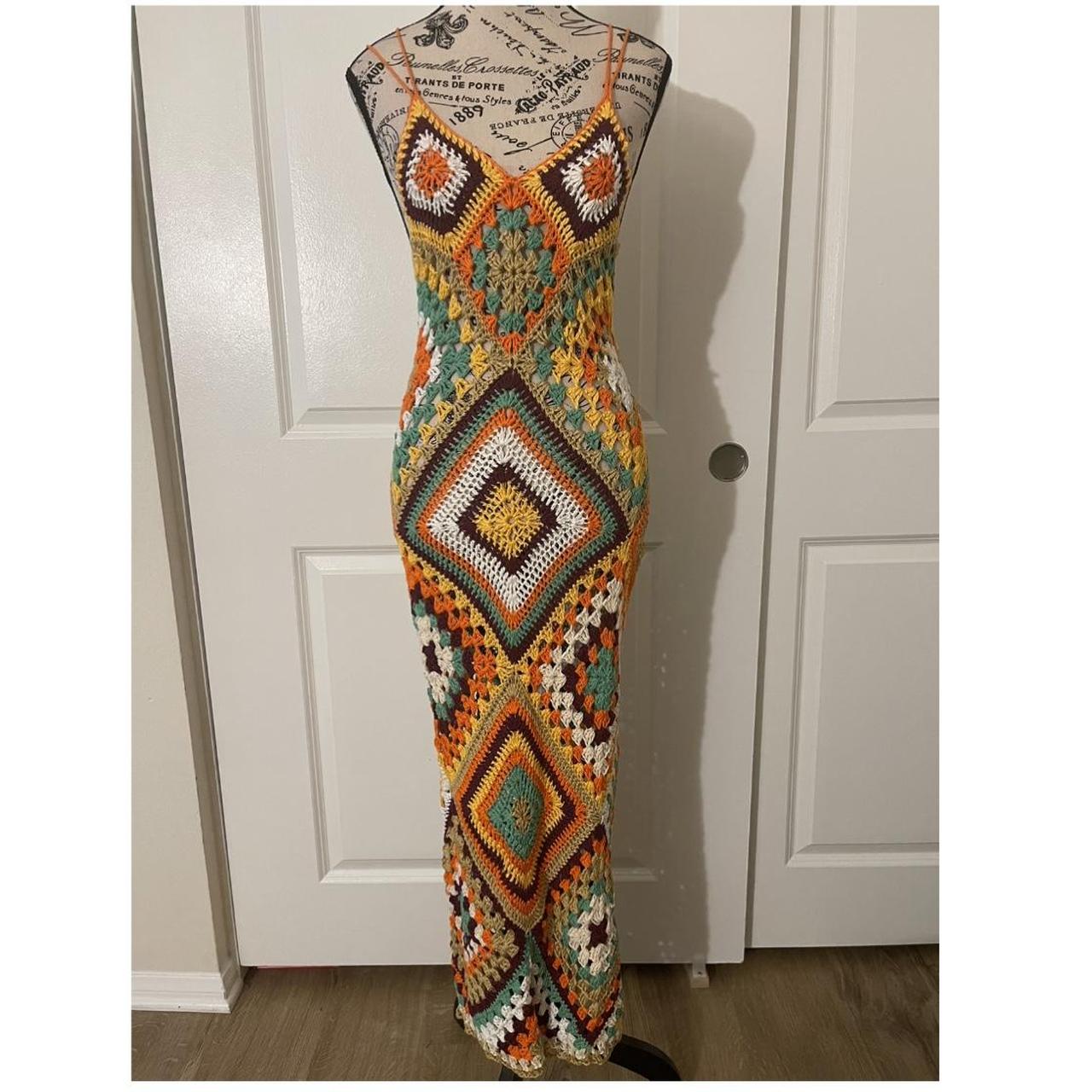 multicolored bohemian crocheted sleeveless maxi... - Depop