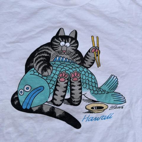 Vintage B KLIBAN Crazy Shirt Cat Fishing Boat Fish T SHIRT Blue Hawaiian  Dyed XL