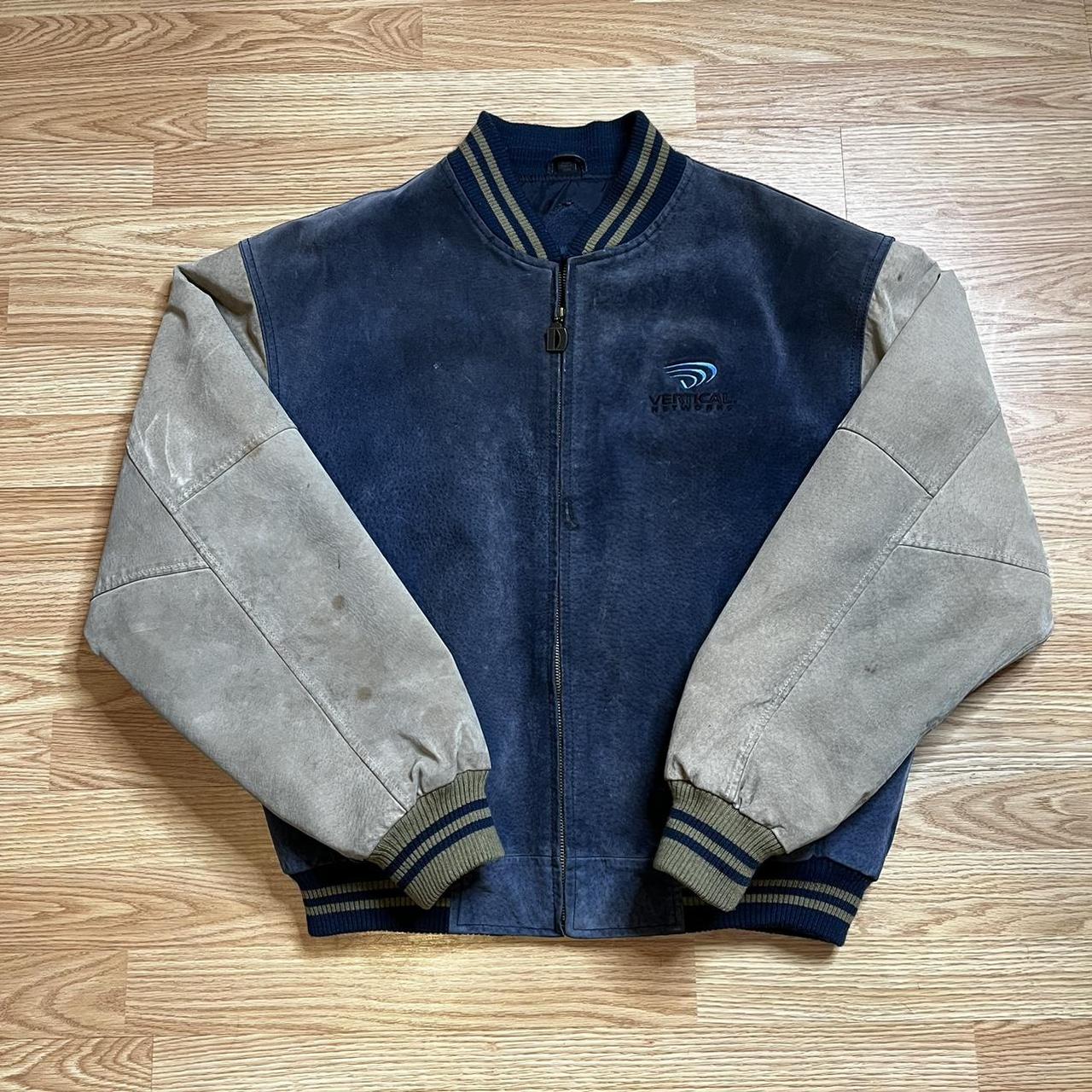 Varsity Bomber Jacket Zip Large Blue Brown.... - Depop