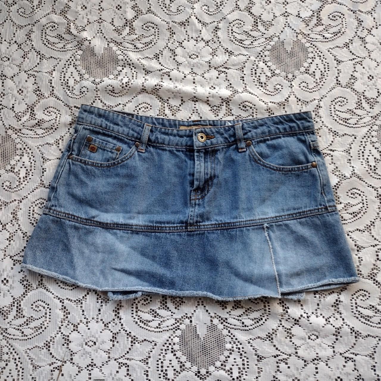 Denim asymmetrical mini skirt ~small stain and hole | Depop