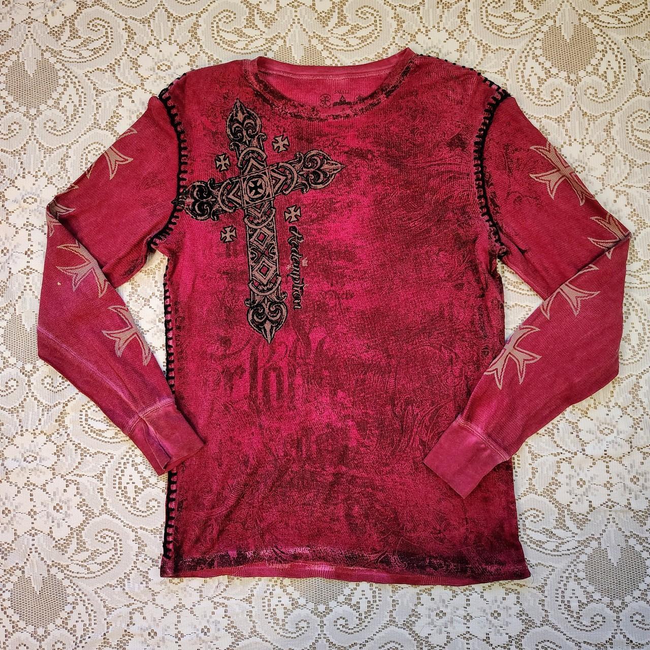 Preloved Women's Shirt - Red/Burgundy - S – dark red waffle knit grunge Affliction type …