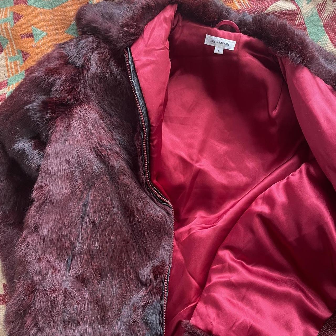 90’s vamp real fur coat Burgundy red bomber style.... Depop