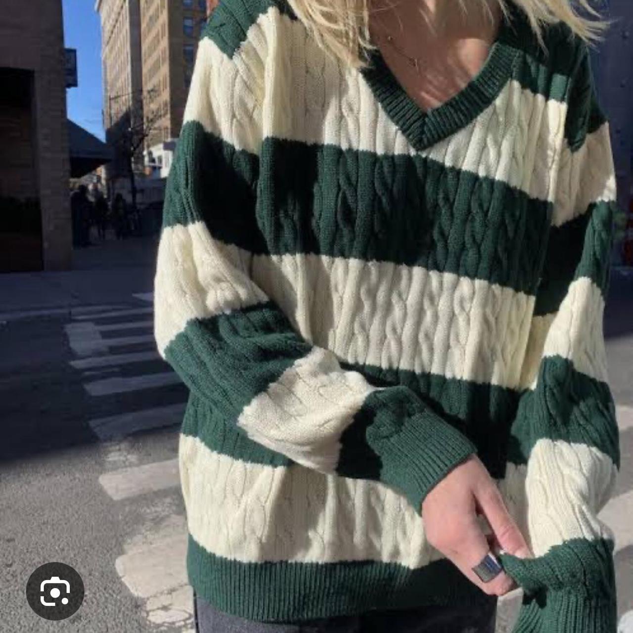 Brandy Melville green and white cable knit v neck... - Depop