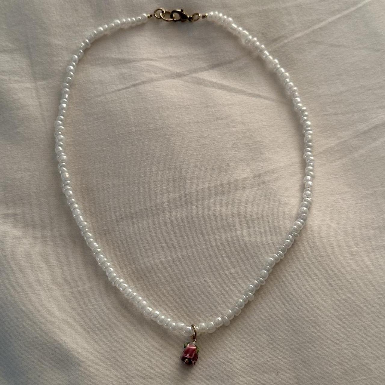 Glass rose pearl bead necklace, handmade by... - Depop