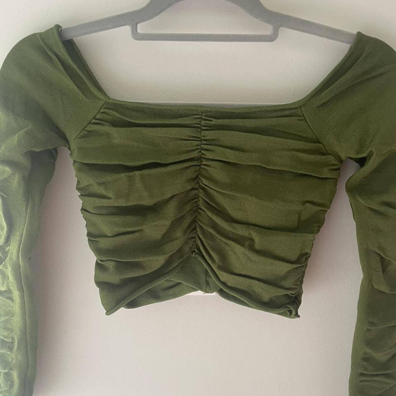 zara green ruched crop top square neckline size... - Depop