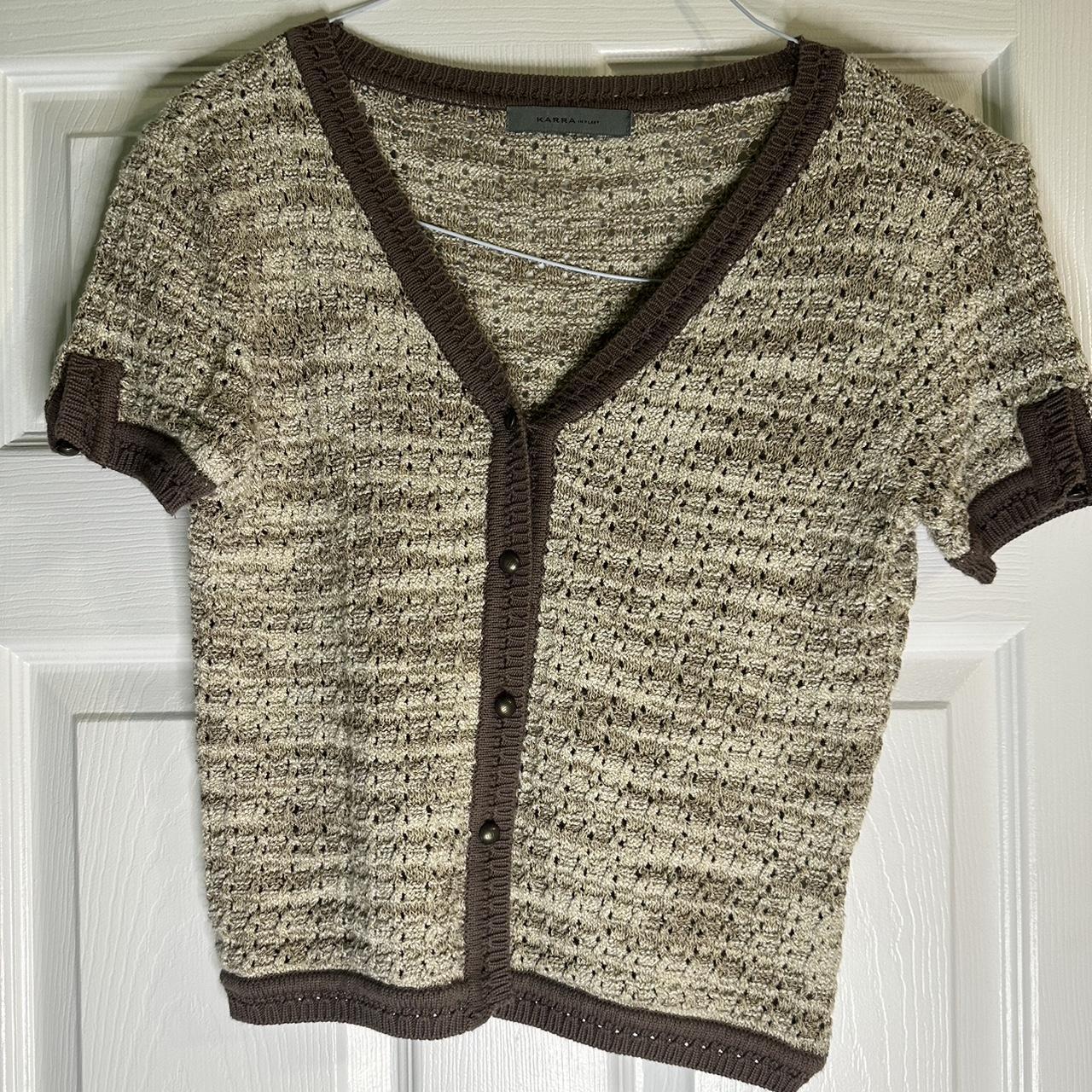 small brown knit tight button up cardigan Depop