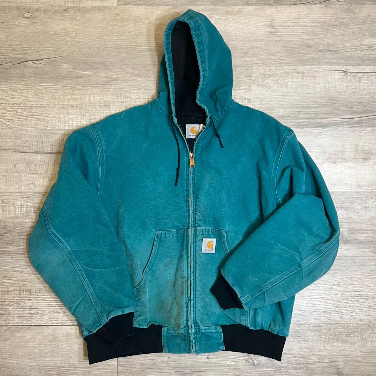 Vintage 90's Aqua Hooded Carhartt Jacket Faded tag... - Depop