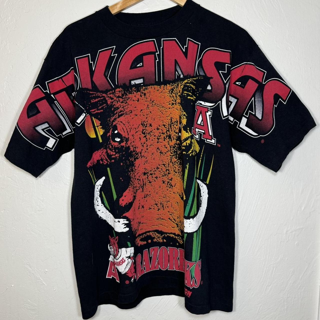 Vintage 1990s Arkansas Razorbacks Neon Wauldron AOP | Depop