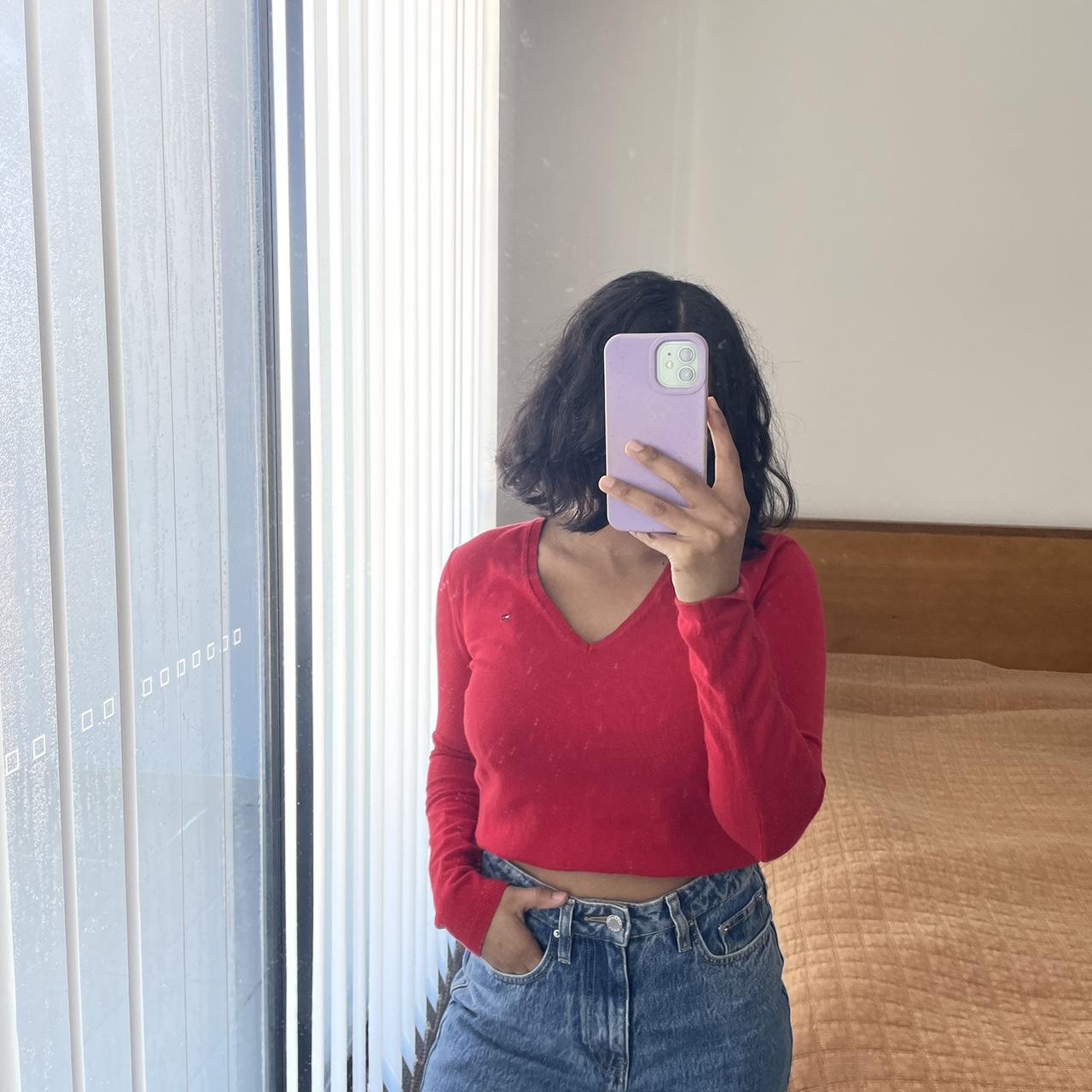 Tommy Hilfiger Heritage V Neck Sweater in Red . Depop