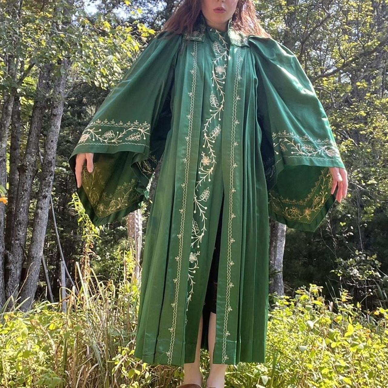 Insane antique emerald silk satin batwing robe! This... | Depop