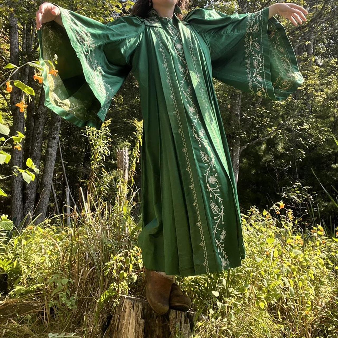 Insane antique emerald silk satin batwing robe! This... - Depop