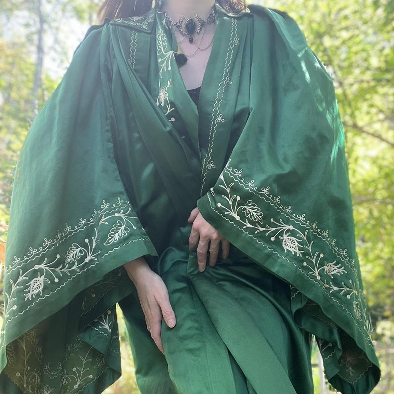 Insane antique emerald silk satin batwing robe! This... | Depop